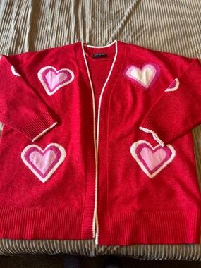 Lane Bryant Red Open Cardigan with Pink and Cream Hearts